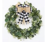 Dremisland 16" 40cm Spring Door Wreath for Front Door Artificial Eucalyptus Wreath Plaid Bow Faux Green Wreath Garland Easter Decor for Indoor Outdoor Window Porch Farmhouse Wall Garden