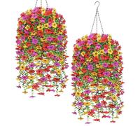Dremisland 2 Set Artificial Hanging Baskets Outdoor Multicolored Silk Flower Plants Fake Flowers DIY Chain Hanging Basket Parlor Violets Artificial Flower Pot for Garden Wedding Patio Porch Yard