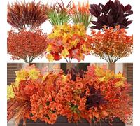 Dremisland 24 Bundles Autumn Artificial Flower Plants for Outdoor Fall Fake Mums Plants UV Resistant Orange Fake Grass Faux Maple Boston Fern Bushes for Indoor Outdoor Garden Thanksgiving Decor