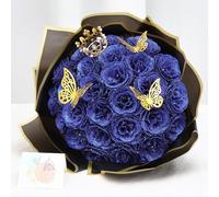Dremisland 26 PCS Glitter Roses Bouquet DIY Artificial Rose Flowers Bouquet Fake Glitter Blue Bouquets with Stems Crown Sparkly Faux Flower for Gifts Valentine's Day Anniversary Birthday Mother's Day