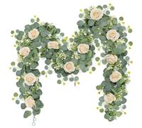 Dremisland 2PCS/12 FT Artificial Eucalyptus Flower Garland Spring Decor White Rose Fake Flowers Outdoor Greenery Fake Eucalyptus Garland Hanging Wisteria Faux Vines for Wedding Table Runner Backdrop