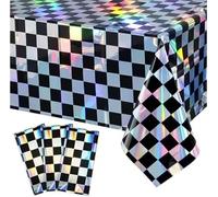 Dremisland 3 Pack Iridescent Tablecloth Party Black Checkered Plastic Tablecloth Holographic Foil Table Covers Rectangle Shiny Laser Disposable Party Table Decorations for Birthday Christmas Party