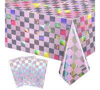 Dremisland 3 Pack Iridescent Tablecloth Party Pink Checkered Plastic Tablecloth Holographic Foil Table Covers Rectangle Disposable Party Table Decorations for Picnic Birthday Halloween Christmas