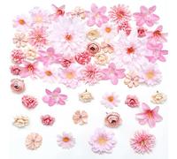 Dremisland 48PCS Artificial Flower Heads Craft Fake Flowers Decoration Mini Silk Pink Flowers Head Bulk Daisy Dahlia Faux Flower Heads for DIY Cake Wedding Party Bridal Hair Accessory Decor