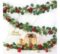 Dremisland 6FT Christmas Pine Needles Garland Artificial Eucalyptus Garlands Fake Red Berries Garlands Faux Cedar Garland Christmas Wreath Greenery Vines for Fireplace Xmas Indoor Outdoor Decor