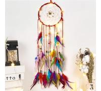 Dremisland Boho Dream Catcher with Fairy Lights Handmade Indian Dreamcatcher Kids Bedroom Accessories Colorful Feather Wall Hanging Christmas Decoration for Home Bedroom Craft Gift