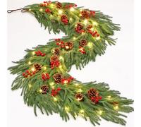 Dremisland Christmas Garland with Lights Artificial Norfolk Pine Garlands 2PCS Real Touch Norfolk Pine Garland Prelit Xmas Cypress Greenery Garland Red Berries Winter Wreath for Fireplace Stair Table