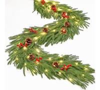 Dremisland Christmas Garland with Lights Artificial Norfolk Pine Garlands 6FT Real Touch Norfolk Pine Garland Prelit Xmas Cypress Greenery Garlands Red Berries Winter Wreath for Fireplace Stair Table