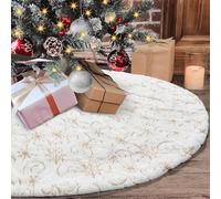 Dremisland Faux Fur Christmas Tree Skirt 122cm Large White&Gold Plush Tree Skirt with Sequin Snowflakes Vine Branch Tree Mat Base Cover for Xmas Holiday Party Home Decor