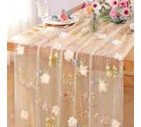 Dremisland Gauze Table Runner 76x300 cm Boho Champagne Embroidery Flower Butterfly Table Runners Cheesecloth Tablecloth Floral Chiffon Table Decoration Tulle Table Cover for Kitchen Wedding Birthday
