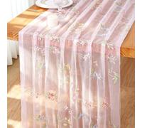 Dremisland Gauze Table Runner Pink 75x300 cm Embroidery Flowers Table Runners Cheesecloth Tablecloth Boho Floral Chiffon Wedding Table Decoration Tulle Table Cover for Kitchen Party Bridal Birthday