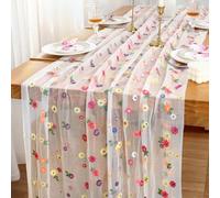 Dremisland Ivory Embroidery Daisy Gauze Table Runner Autumn Decor 120 Inch Boho Gauze Cheesecloths Dining Table Runner Flower Fall Table Decor Tulle Table Cover for Kitchen Holiday Wedding Party