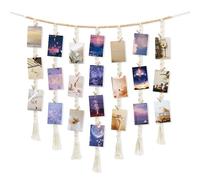 Dremisland Macrame Hanging Photo Display with 45 Clips DIY Photo Collage Frames Boho Wooden Beads Hanging Photo Frames Multiple Christmas Pictures Wall Decor for Bedroom Living Room Teen Girl Gifts