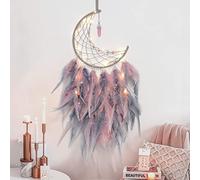 Dremisland Moon Dream Catcher with Fairy Lights Handmade Colorful Feather Lucky Turquoise Pendant Wall Hanging Ornament for Kids Home Bedroom Wall Decoration Craft Gift (Pink&grey)