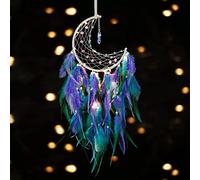 Dremisland Moon Dream Catcher with Fairy Lights Indian Dreamcatcher Kids Bedroom Accessories Blue Purple Feather Lucky Turquoise Pendant Wall Hanging Decoration for Home Bedroom Chritsmas Gift