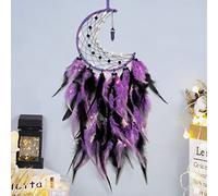 Dremisland Moon Dream Catcher with Fairy Lights Indian Dreamcatcher Kids Bedroom Accessories Purple Black Feather Lucky Turquoise Pendant Wall Hanging Decoration for Home Bedroom Blessing Gift