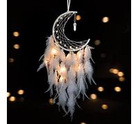 Dremisland Moon Dream Catcher with Fairy Lights Indian Dreamcatcher Kids Bedroom Accessories White Feather Lucky Turquoise Pendant Wall Hanging Decoration for Home Bedroom Chritsmas Gift