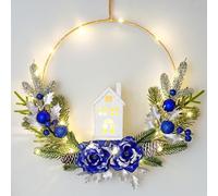 Dremisland Prelit Christmas Wreath for Front Door 42cm Artificial Christmas Door Wreath with Lights Blue Rose Farmhouse Xmas Winter Wreath for Christmas Decoration Wall Fireplace Mantle