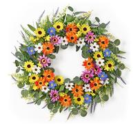 Dremisland Summer Wreaths for Front Door 22" Spring Door Wreath Artificial Eucalyptus Colorful Daisy Flower Fake Wildflower Lavender Wreath for Indoor Outdoor Farmhouse Window Wall Decor