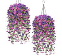 Dremisland2 Set Artificial Hanging Baskets Outdoor Purple Silk Flower Plants Fake Flowers DIY Chain Hanging Basket Parlor Violets Artificial Flower for Garden Wedding Patio Porch Yard