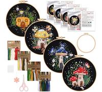 Dremislnd 4 Set Beginner Embroidery Kit for Beginners Mushroom Embroidery Starter Kits Cross Stitch Kits Art Craft Handy Sewing Set with Instruction Hoop Needle Thread Kit for Adults Craft Lover