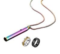 Dremokay Breathing Necklace With 2pcs Rings Set for Fidget Anxiety Relief,Mindfulness Breathe Necklace Stress Relief Stainless Steel Pendant for Women Men (Style2-Rainbow)