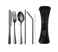 Dreneco 6 Pieces Flatware Set Include Knife, Fork, Spoon, Straws & Brush, Stainless Steel Cutlery Set with Organizer Bag for Traveling Camping Picnic Working Hiking (Black with Black Bag)