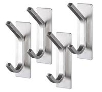Drenky Strong Self Adhesive Hooks, Sticky Hooks for Hanging 304 Stainless Steel Hooks Stick On Wall with Adhesive Pads No Drill Hooks for Door Wall, Silver, 4 Pack