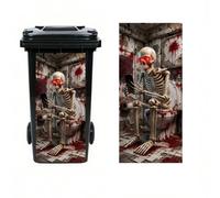Dreothy Funny Horror Skeleton On Toilet Trash Can Vinyl Sticker, Halloween Waterproof Large Wheelie Bin Decals, Weather Resistant Outdoor Garbage Bin Decor 32.28x14.57Inch (Scrolling Phone)
