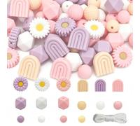 DRERIO 112 Pcs Silicone Beads Assorted Shape Loose Craft Beads, Daisy Flower Hexagon Round Bulk Silicone Beads with Nylon Rope, 4 Colours, for DIY Keychains, Craft, Dummy Chain, Jewellery Making