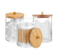 DRERIO 3 Pack Cotton Pad Holder Cotton Swab Holder 10-Ounce Bathroom Organiser Clear Acrylic Q-Tips Cosmetic Storage Jars Ear Bud Holder Bathroom Jars with Bamboo Lid for Cotton Ball Dispenser