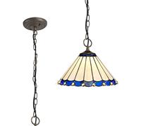 Dresden 3 Light Ceiling Pendant - Aged Antique Brass with Blue Tiffany Glass Shade