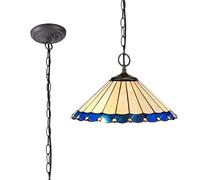 Dresden Large 2 Light Ceiling Pendant - Aged Antique Brass with Blue Tiffany Glass Shade