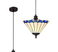 Dresden Single Ceiling Pendant Light - Matt Black with Blue Tiffany Glass Uplighter Shade
