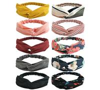 DRESHOW 10 Pack Boho Headbands for Women Vintage Flower Printed Criss Cross Knotted Elastic Hair Band Stretchy Head Wrap Twisted Cute Hair Accessories