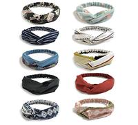 DRESHOW 10 Pack Boho Headbands for Women Vintage Flower Printed Criss Cross Knotted Elastic Hair Band Stretchy Head Wrap Twisted Cute Hair Accessories