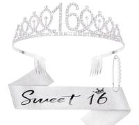 DRESHOW 16th Birthday Crown and Sash for Women 16th Birthday Girls Sash & Rhinestone Tiara Set Hair Accessories for Party