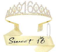DRESHOW 16th Birthday Crown and Sash for Women 16th Birthday Girls Sash & Rhinestone Tiara Set Hair Accessories for Party