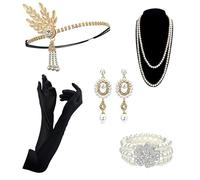 DRESHOW 1920s Accessories Sets Flapper Costume Gatsby Feather Headband Long Necklace Black Gloves