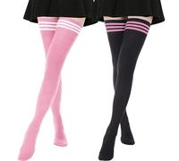 DRESHOW 2 Pairs Extra Long Thigh High Socks Long Boot Stockings Striped Over Knee Socks for Women Cotton Leg Warmers