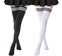 DRESHOW 2 Pairs Extra Long Thigh High Socks Long Boot Stockings Striped Over Knee Socks for Women Cotton Leg Warmers