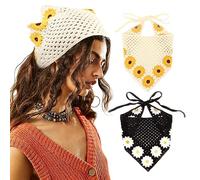 DRESHOW 2 PCS Crochet Hair Bandana Vintage Knotted Headscarf Strawberry Print Headband Knitted Head Kerchief for Women Girls