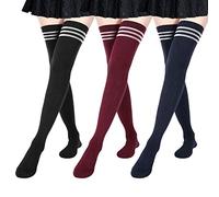 DRESHOW 3 Pairs Women Extra Long Thigh High Socks Thin Stripes Tube Tights Over Knee Socks Casual High Boot Stockings