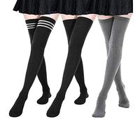 DRESHOW 3 Pairs Women Extra Long Thigh High Socks Thin Stripes Tube Tights Over Knee Socks Casual High Boot Stockings
