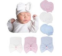 DRESHOW 3 Pcs Newborn Baby Hat and Mittens Infant Hospital Hat Beanie with Bow Soft Cute Knot Nursery Cap and Gloves for 0-3 Months Boys Girls