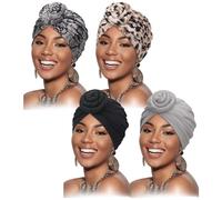 DRESHOW 4 Pack Women Turban African Pattern Knot Headwrap Beanie Pre-Tied Bonnet Chemo Cap Hair Loss Hat