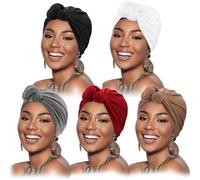 DRESHOW 5 Pack Women Turban African Pattern Knot Headwrap Beanie Pre-Tied Bonnet Chemo Cap Hair Loss Hat