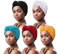 DRESHOW 5 Pack Women Turban African Pattern Knot Headwrap Beanie Pre-Tied Bonnet Chemo Cap Hair Loss Hat
