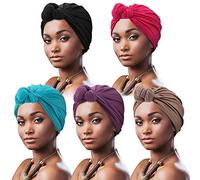 DRESHOW 5 Pack Women Turban African Pattern Knot Headwrap Beanie Pre-Tied Bonnet Chemo Cap Hair Loss Hat