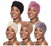 DRESHOW 5 Pack Women Turban African Pattern Knot Headwrap Beanie Pre-Tied Bonnet Chemo Cap Hair Loss Hat